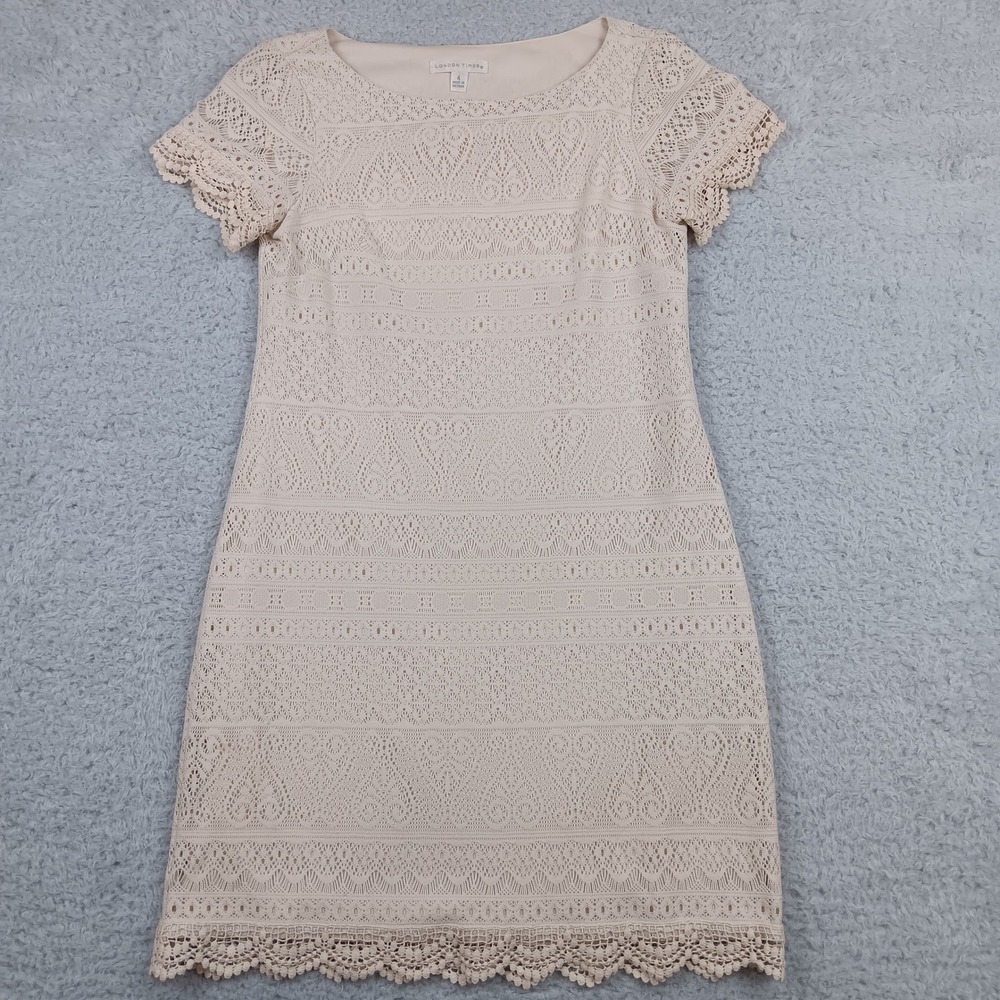 London Times Dress Shift Women 4 Beige Crochet Lace Scalloped RN58142